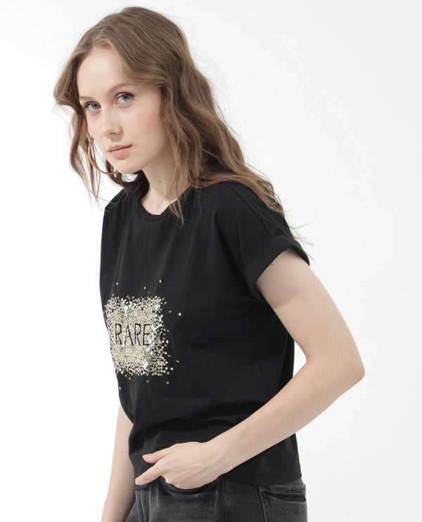 Rareism Women Rento Black Cotton Elastane Fabric Crew Neck Knit Solid T-Shirt