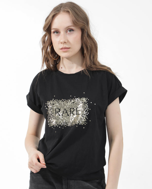 Rareism Women Rento Black Cotton Elastane Fabric Crew Neck Knit Solid T-Shirt
