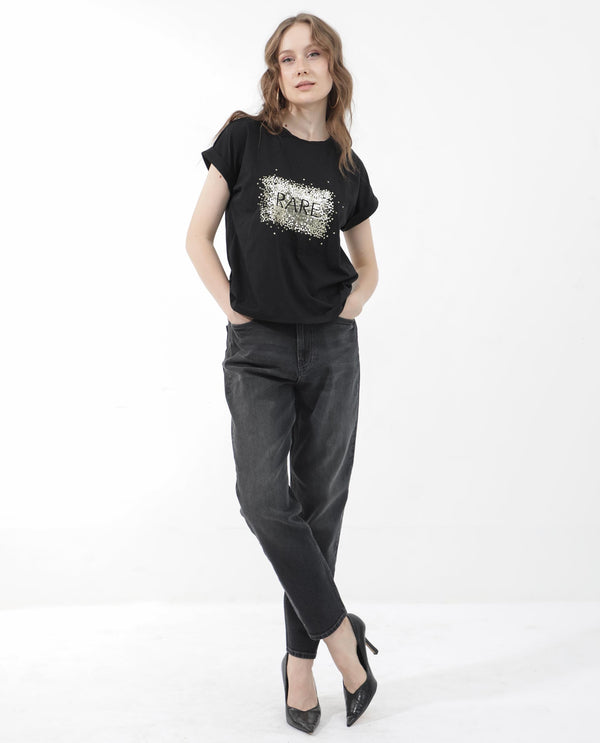 Rareism Women Rento Black Cotton Elastane Fabric Crew Neck Knit Solid T-Shirt