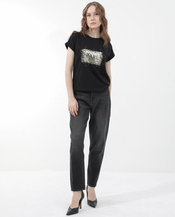 Rareism Women Rento Black Cotton Elastane Fabric Crew Neck Knit Solid T-Shirt