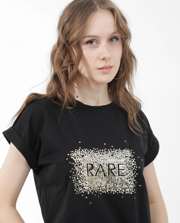 Rareism Women Rento Black Cotton Elastane Fabric Crew Neck Knit Solid T-Shirt