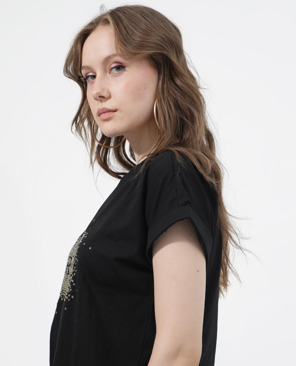 Rareism Women Rento Black Cotton Elastane Fabric Crew Neck Knit Solid T-Shirt