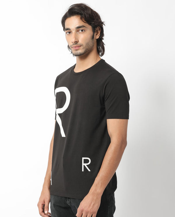 Rare Rabbit Men's Drover Black Crew Neck Overall Placement Print Branding Half Sleeves T-Shirt