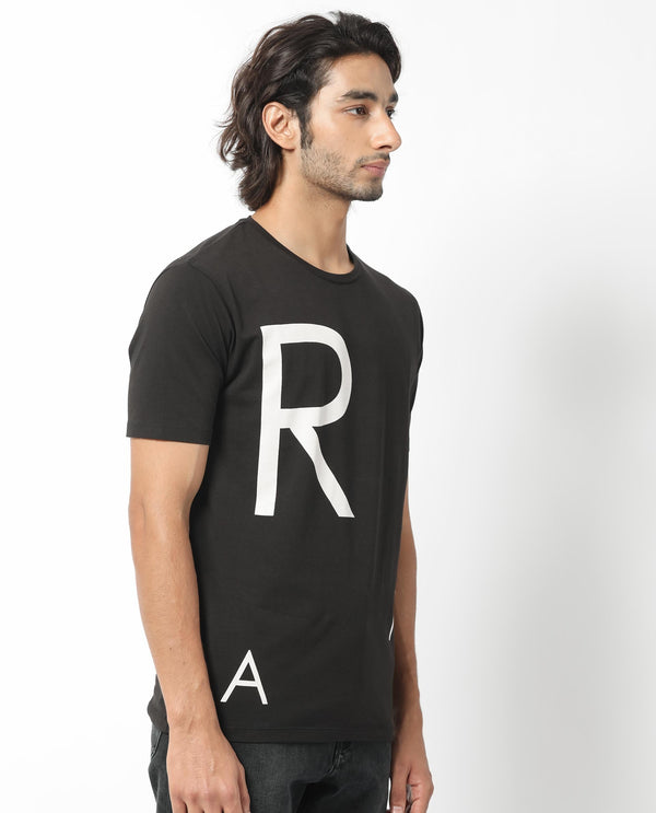 Rare Rabbit Men's Drover Black Crew Neck Overall Placement Print Branding Half Sleeves T-Shirt