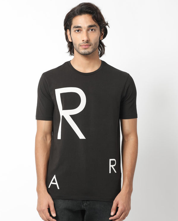Rare Rabbit Men's Drover Black Crew Neck Overall Placement Print Branding Half Sleeves T-Shirt