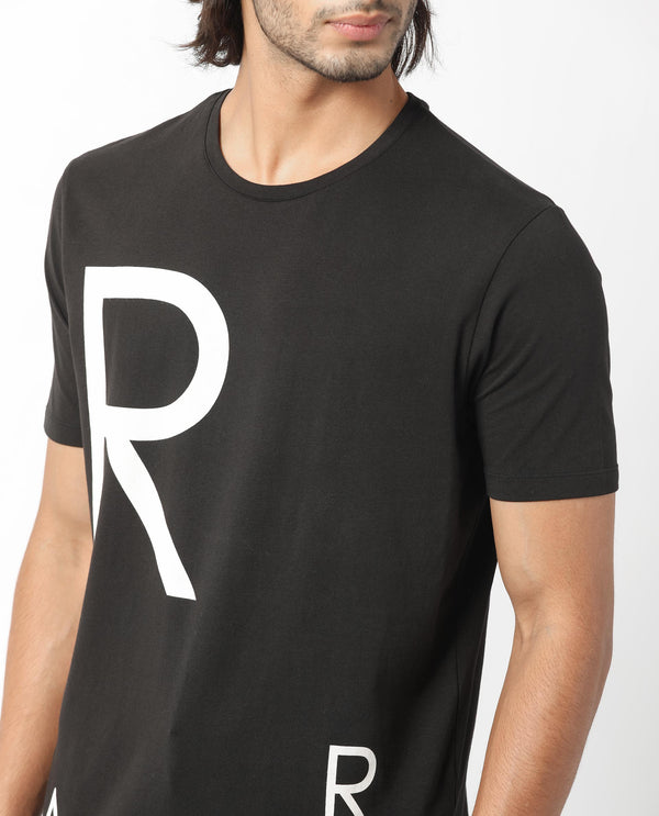 Rare Rabbit Men's Drover Black Crew Neck Overall Placement Print Branding Half Sleeves T-Shirt