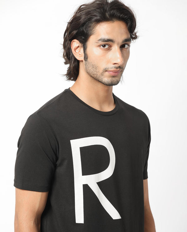Rare Rabbit Men's Drover Black Crew Neck Overall Placement Print Branding Half Sleeves T-Shirt
