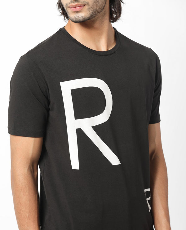 Rare Rabbit Men's Drover Black Crew Neck Overall Placement Print Branding Half Sleeves T-Shirt