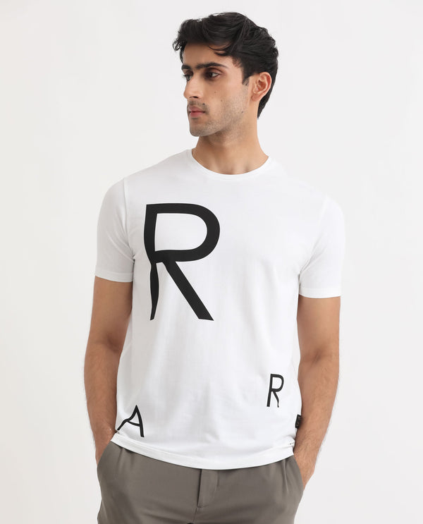 Rare Rabbit Men's Drover White Crew Neck Overall Placement Print Branding Half Sleeves T-Shirt