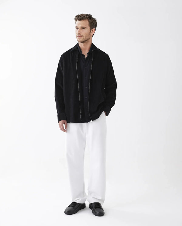 Rare Rabbit Men's Drozz Black Cotton Fabric Full Sleeve Collared Neck Zipper Closure Textured Shirt