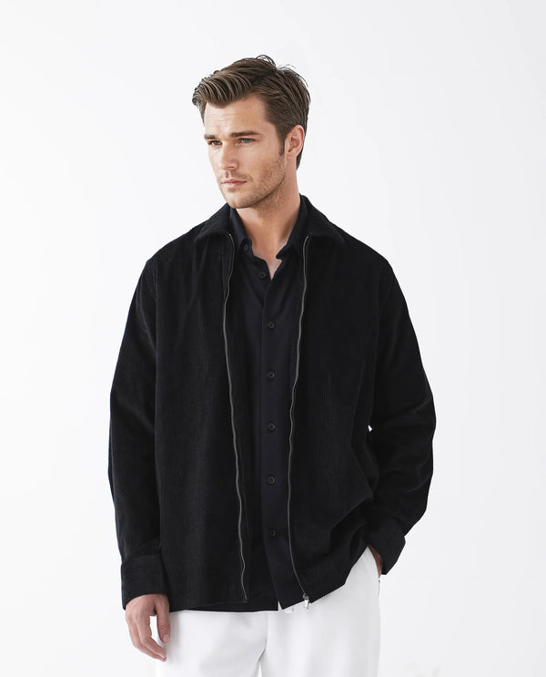 Rare Rabbit Men's Drozz Black Cotton Fabric Full Sleeve Collared Neck Zipper Closure Textured Shirt