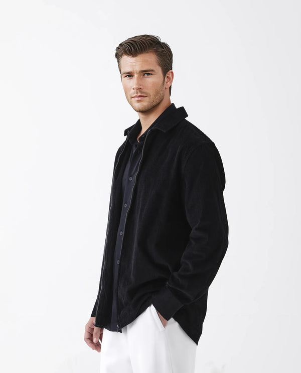 Rare Rabbit Men's Drozz Black Cotton Fabric Full Sleeve Collared Neck Zipper Closure Textured Shirt