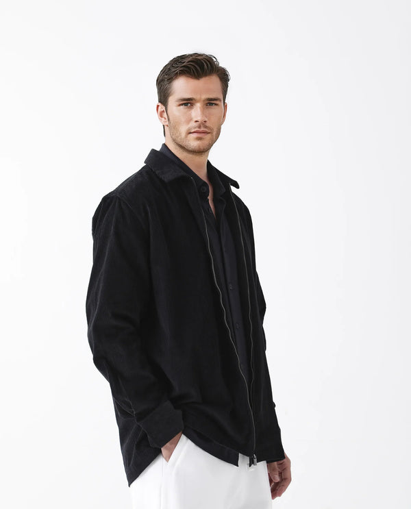 Rare Rabbit Men's Drozz Black Cotton Fabric Full Sleeve Collared Neck Zipper Closure Textured Shirt