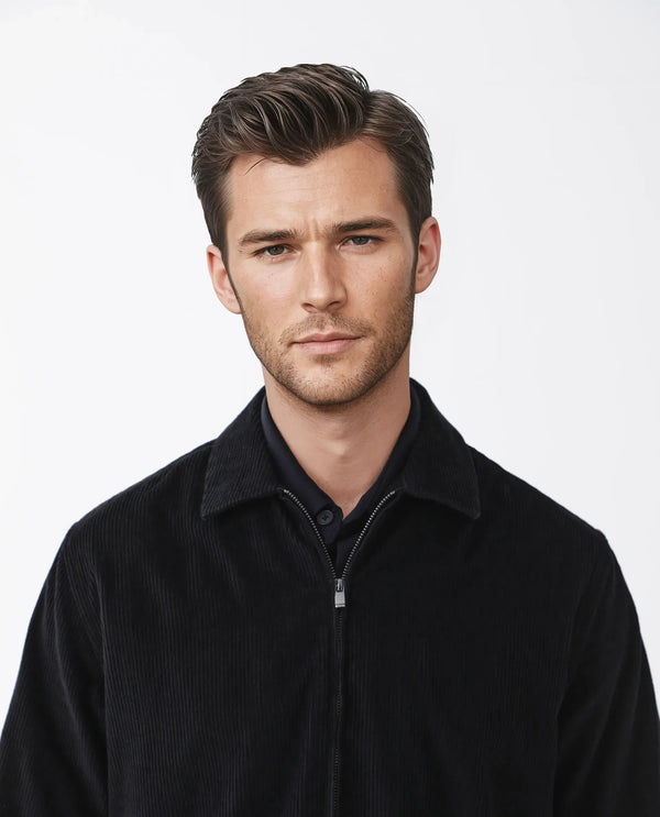 Rare Rabbit Men's Drozz Black Cotton Fabric Full Sleeve Collared Neck Zipper Closure Textured Shirt