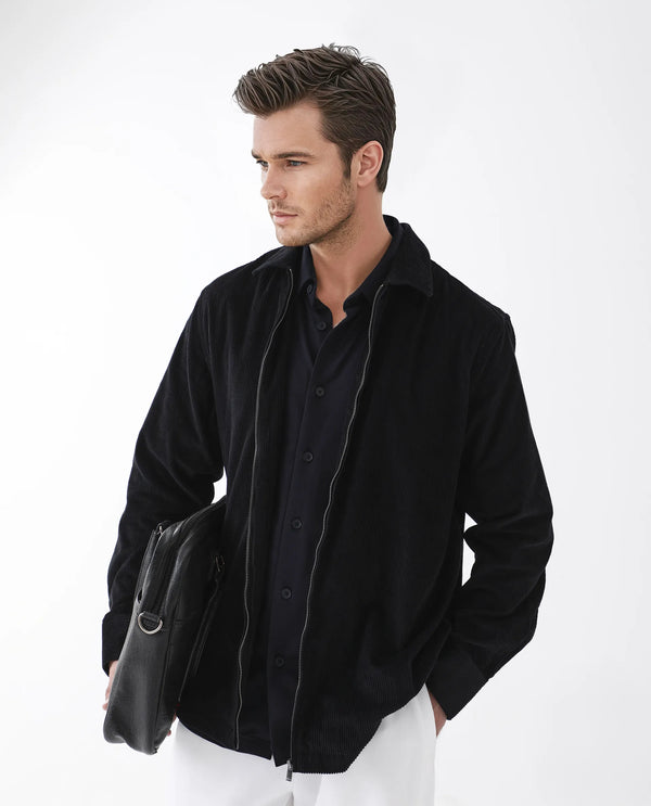 Rare Rabbit Men's Drozz Black Cotton Fabric Full Sleeve Collared Neck Zipper Closure Textured Shirt
