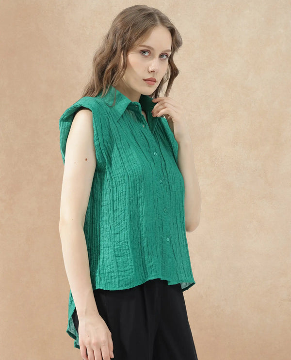 Rareism Women Drummy Green Rayon Nylon Fabric Sleeveless Collared Neck Solid Regular Length Top