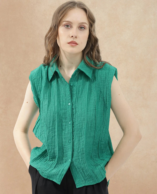 Rareism Women Drummy Green Rayon Nylon Fabric Sleeveless Collared Neck Solid Regular Length Top