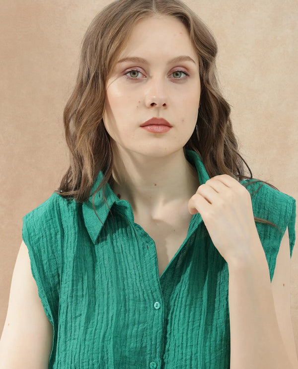 Rareism Women Drummy Green Rayon Nylon Fabric Sleeveless Collared Neck Solid Regular Length Top