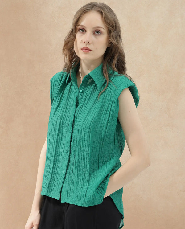 Rareism Women Drummy Green Rayon Nylon Fabric Sleeveless Collared Neck Solid Regular Length Top