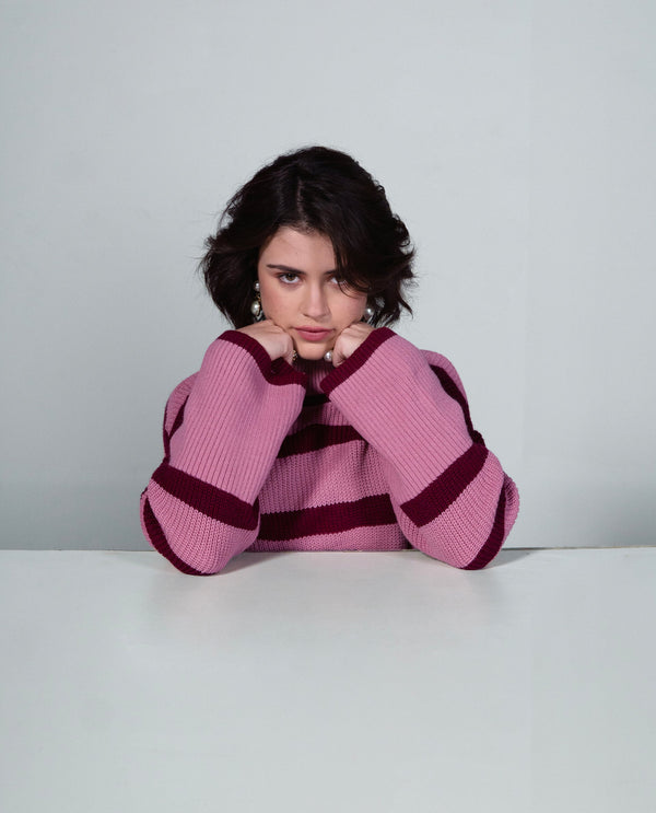 Rareism Women Titania Pink Acrylic Fabric Oversized Fit Stripes Sweater