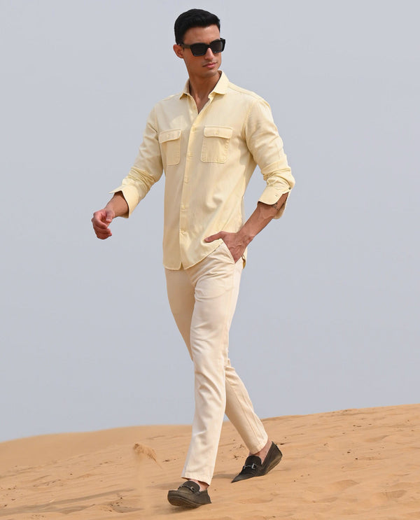 Rare Rabbit Men's Lyte Pastel Yellow Solid Mid-Rise Regular Fit Lightweight Trouser
