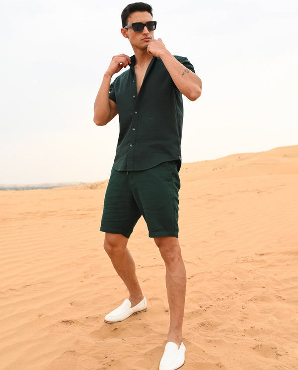 Rare Rabbit Men's Pinto Dark Green Cotton Fabric Drawstring Mid Rise Shorts