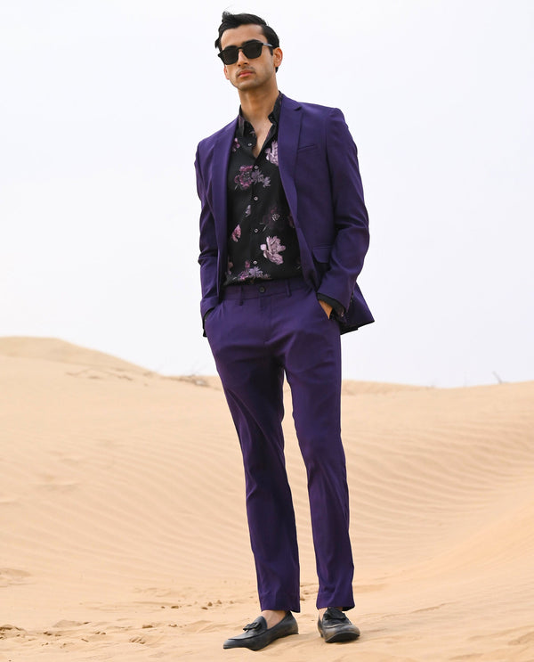 Rare Rabbit Men's Glade Purple Viscose Fabric Solid Mid-Rise Regular Fit Trouser