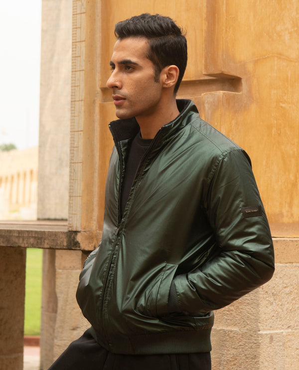Rare Rabbit Men's Carpi Green Solid Metallic Bomber Jacket
