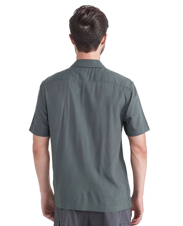 Rare Rabbit Men Dubm Dusky Green Modal Fabric Cuban Collar Short Sleeves Collared Neck with Flap Chest Pocket Plain Shirt