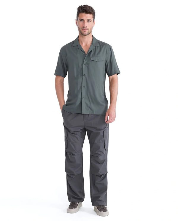 Rare Rabbit Men Dubm Dusky Green Modal Fabric Cuban Collar Short Sleeves Collared Neck with Flap Chest Pocket Plain Shirt