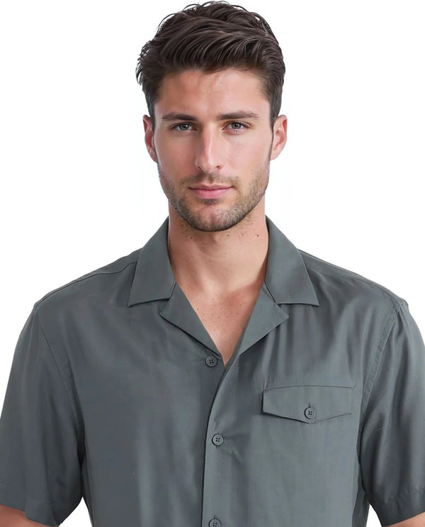 Rare Rabbit Men Dubm Dusky Green Modal Fabric Cuban Collar Short Sleeves Collared Neck with Flap Chest Pocket Plain Shirt