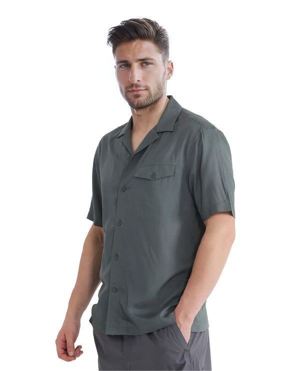 Rare Rabbit Men Dubm Dusky Green Modal Fabric Cuban Collar Short Sleeves Collared Neck with Flap Chest Pocket Plain Shirt