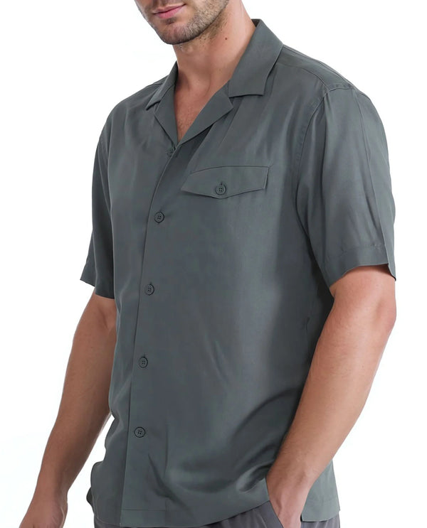 Rare Rabbit Men Dubm Dusky Green Modal Fabric Cuban Collar Short Sleeves Collared Neck with Flap Chest Pocket Plain Shirt