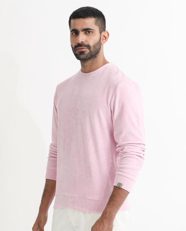Rare Rabbit Mens Dube Pink Cotton Polyester Vellore Velvet Fabric Round Neck Full Sleeves Comfortable Fit Knitted Sweatshirt
