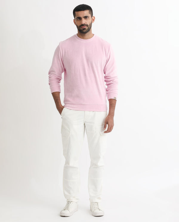 Rare Rabbit Mens Dube Pink Cotton Polyester Vellore Velvet Fabric Round Neck Full Sleeves Comfortable Fit Knitted Sweatshirt