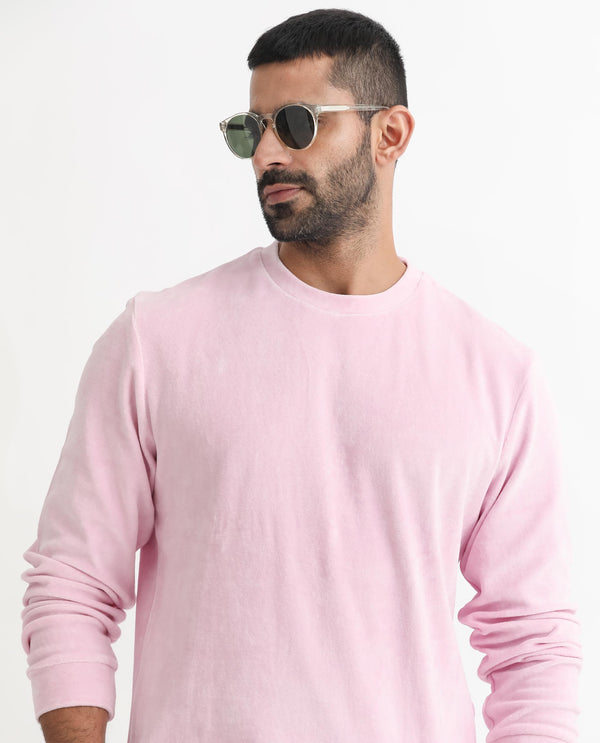 Rare Rabbit Mens Dube Pink Cotton Polyester Vellore Velvet Fabric Round Neck Full Sleeves Comfortable Fit Knitted Sweatshirt