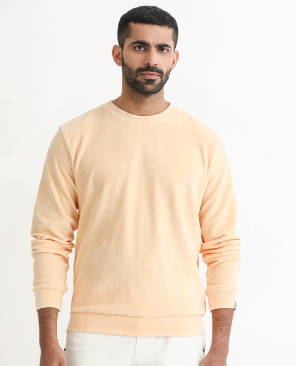 Rare Rabbit Mens Dube Yellow Cotton Polyester Vellore Velvet Fabric Round Neck Full Sleeves Comfortable Fit Knitted Sweatshirt