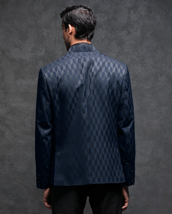 Rare Rabbit Men's Duffy Dark Navy Mandarin Collar Tailored Fit Geometric Jacquard Bandhgala