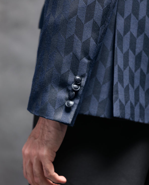 Rare Rabbit Men's Duffy Dark Navy Mandarin Collar Tailored Fit Geometric Jacquard Bandhgala