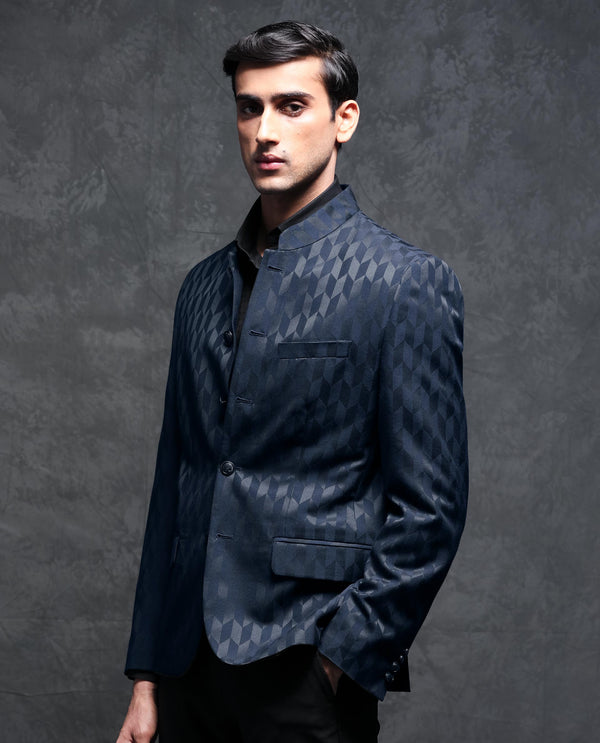 Rare Rabbit Men's Duffy Dark Navy Mandarin Collar Tailored Fit Geometric Jacquard Bandhgala