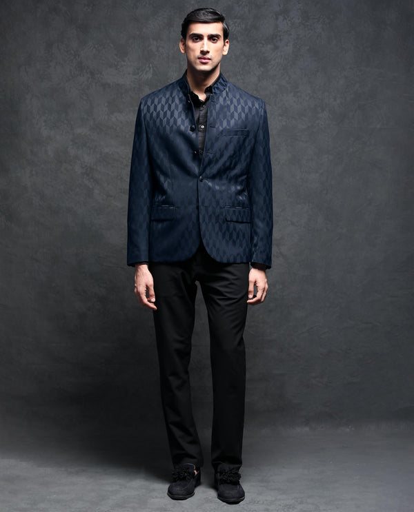 Rare Rabbit Men's Duffy Dark Navy Mandarin Collar Tailored Fit Geometric Jacquard Bandhgala