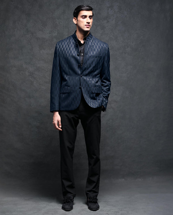 Rare Rabbit Men's Duffy Dark Navy Mandarin Collar Tailored Fit Geometric Jacquard Bandhgala