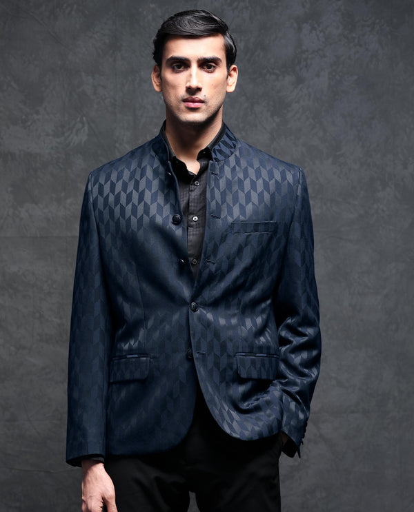 Rare Rabbit Men's Duffy Dark Navy Mandarin Collar Tailored Fit Geometric Jacquard Bandhgala