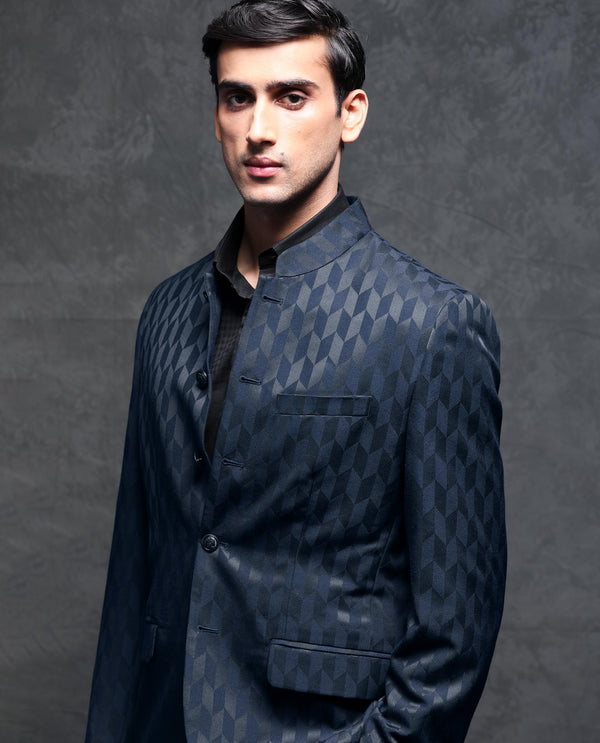 Rare Rabbit Men's Duffy Dark Navy Mandarin Collar Tailored Fit Geometric Jacquard Bandhgala