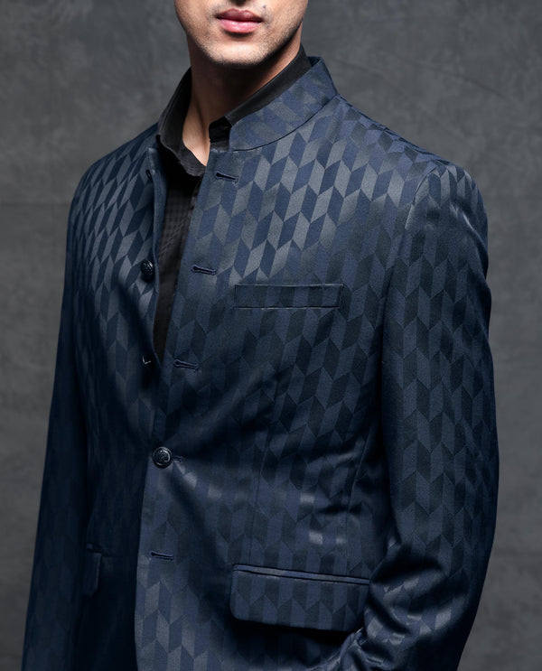 Rare Rabbit Men's Duffy Dark Navy Mandarin Collar Tailored Fit Geometric Jacquard Bandhgala
