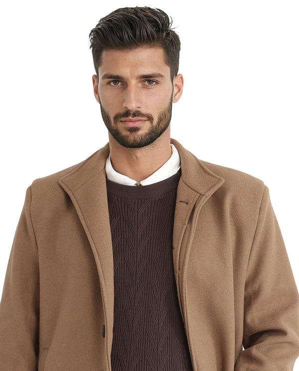 Rare Rabbit Men Dune-2 Mustard Polyester Rayon Fabric Full Sleeve High Neck Button Closure Textured Long Coat