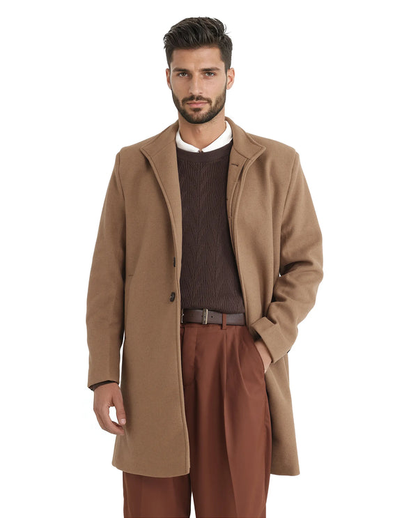 Rare Rabbit Men Dune-2 Mustard Polyester Rayon Fabric Full Sleeve High Neck Button Closure Textured Long Coat