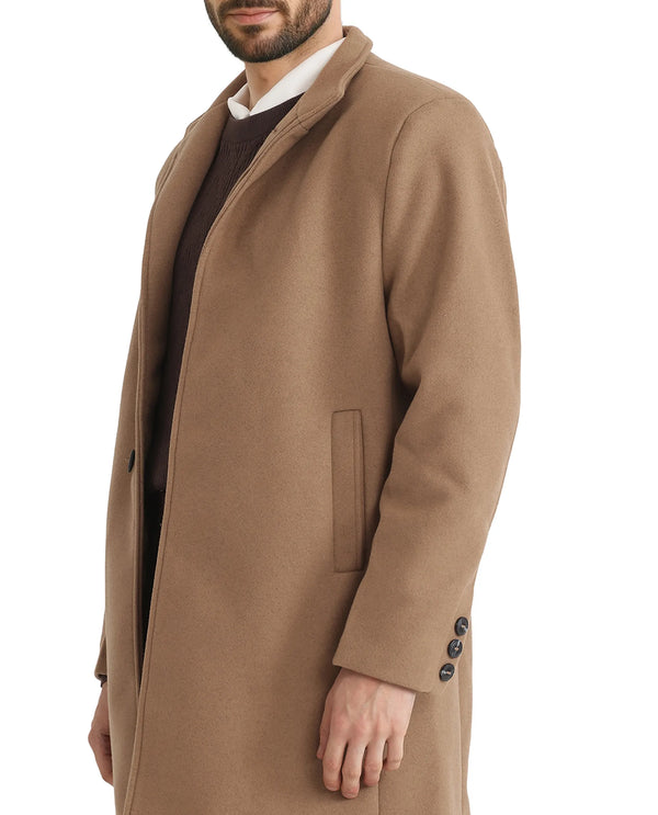 Rare Rabbit Men Dune-2 Mustard Polyester Rayon Fabric Full Sleeve High Neck Button Closure Textured Long Coat