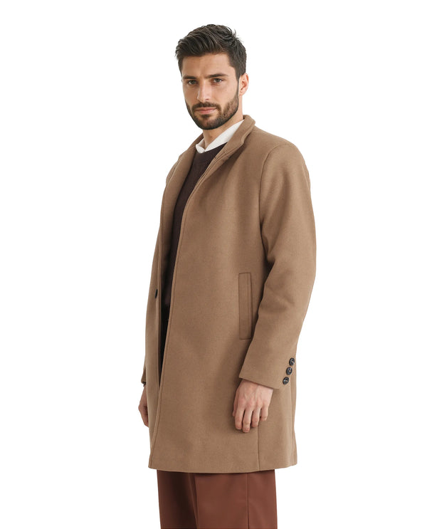 Rare Rabbit Men Dune-2 Mustard Polyester Rayon Fabric Full Sleeve High Neck Button Closure Textured Long Coat
