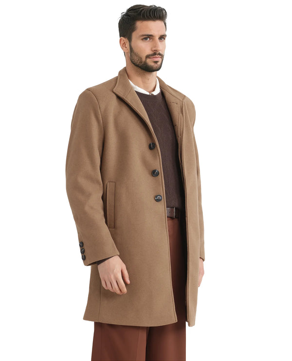 Rare Rabbit Men Dune-2 Mustard Polyester Rayon Fabric Full Sleeve High Neck Button Closure Textured Long Coat
